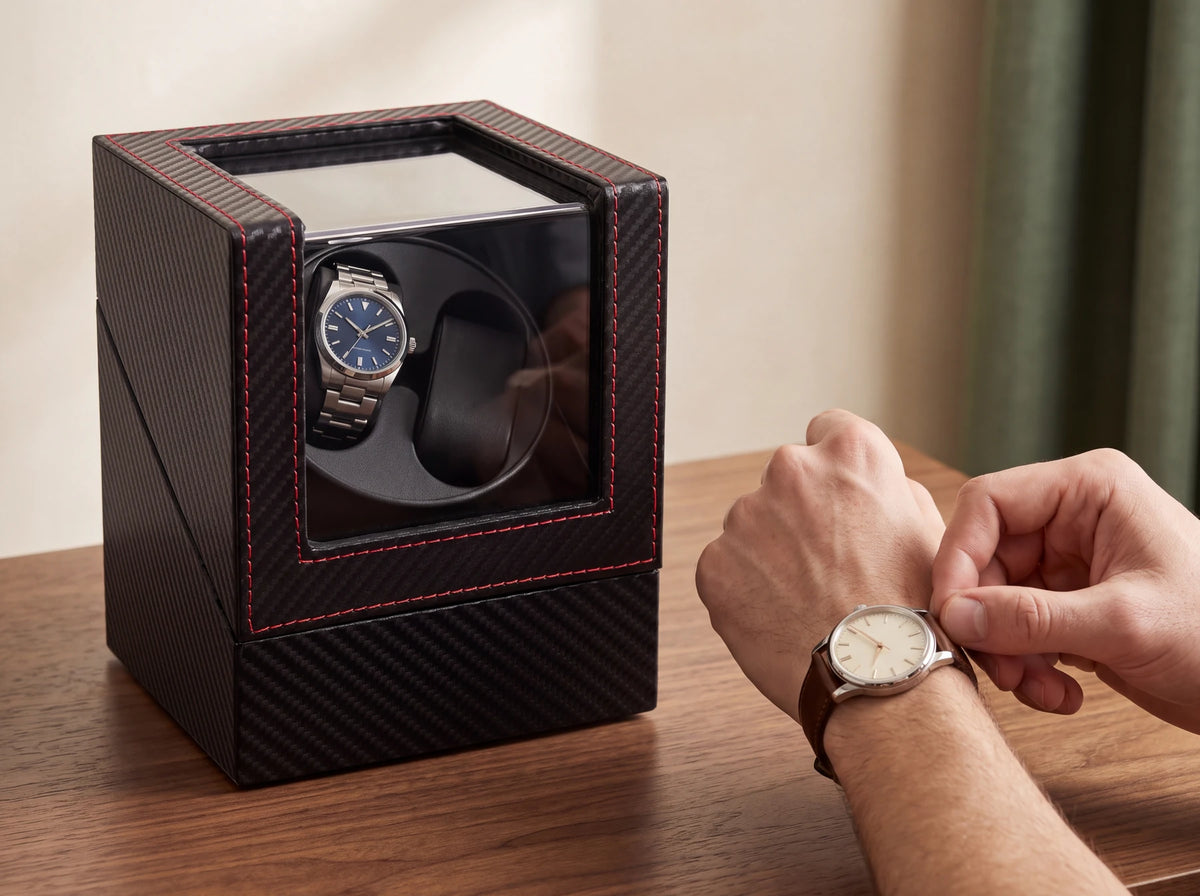 Mains ajustant une montre au poignet, près du remontoir fermé contenant une autre montre de présentation.